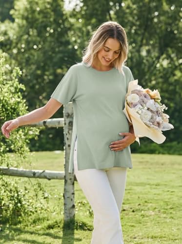 Ekouaer 4 Pack Maternity Shirts Short Sleeve Pregnancy Casual Tunic Tops - color: Black/Light Blue/Light Green/Gray White Stripes, size: Medium