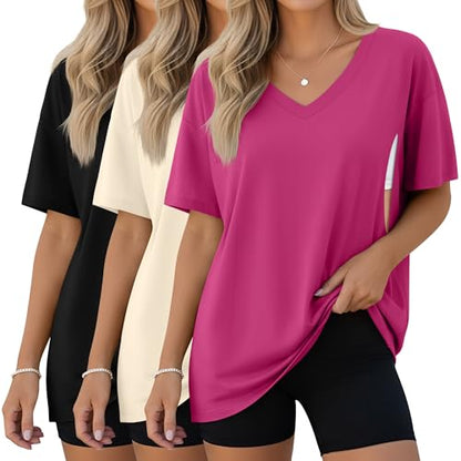 3 Pack Women's Oversize Nursing Shirts - color: Rose Red, Cream, Black, size: XX-Large