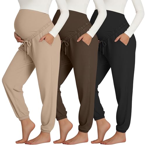 3 Pack Womens Maternity Pants Pregnancy Lounge Jogger - color: Light Camel, Dark Camel, Black, size: Small