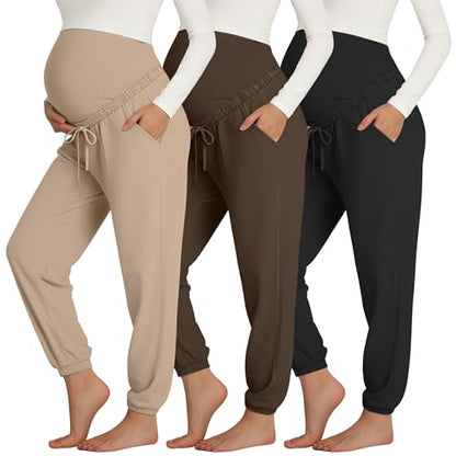 3 Pack Womens Maternity Pants Pregnancy Lounge Jogger - color: Light Camel, Dark Camel, Black, size: Small