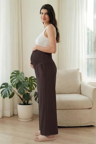 OUGES Womens Lyocell Cotton Maternity Pants Over Belly Smocked Waist Stretchy Casual Wide Leg Palazzo Pants with Pockets - color: Dark Brown, size: Medium