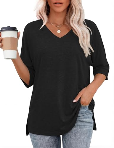Totatuit Womens Oversized T Shirts Short Sleeve V Neck Basic Tees Tops - color: Black, size: Small