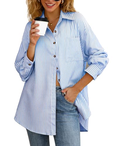 CHYRII Women's Striped Button Down Long Sleeve Blouse - color: Indigo Blue-7174, size: Large