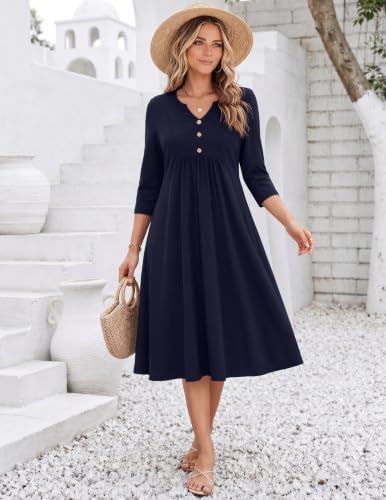 Zeagoo Womens Dresses 3/4 Sleeve Casual Fall A Line Midi Dress with Pockets - color: Navy Blue, size: Medium
