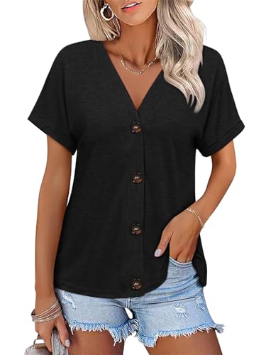 TICTICMISS Womens Summer Tops Short Sleeve Button Down V Neck T Shirts - color: Black, size: Large
