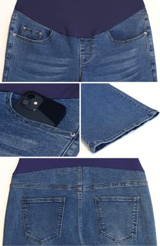 GLAMIX Women's Stretch Maternity Bootcut Jeans with Pockets Over The Belly Bell Bottoms Flare Denim Pants Pregnancy Clothes - color: Navy Blue, size: Large