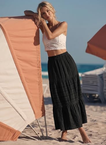BLENCOT Women's Boho Tiered High Waisted Cotton Long Flowy Skirt - color: Black, size: Medium