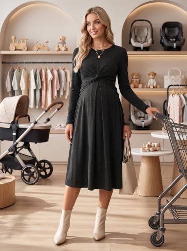BLENCOT Maternity Nursing Midi Dress Twist Knot Pull Up Feed Postpartum - color: Black, size: Small
