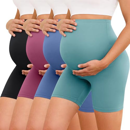 VALANDY Creamlush 4 Pack Comfy Maternity Biker Shorts Over the Belly 5" - color: 4 Packs - Black/Dark Pink/Ins Blue/Ins Green, size: Medium