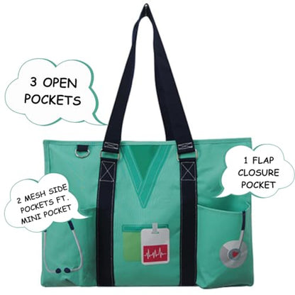 NGIL Work Tote Bag with Exterior Pockets - color: Mint Nurse Life