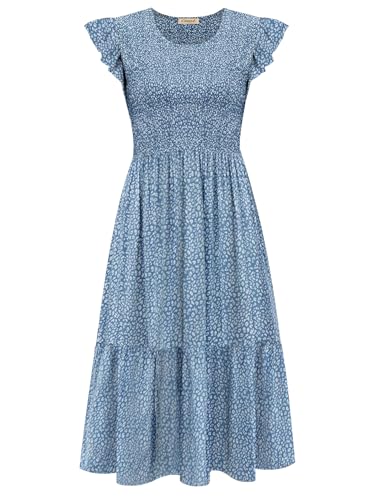 CzzzyL Women's Nursing Dress Flutter Sleeve Crew Neck Smocked Midi Pockets - color: Floralblue, size: Small