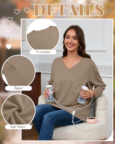 3 Pack Women's Waffle Knit Long Sleeve Nursing Tops - color: Coffee, Cream, Army Green, size: Large