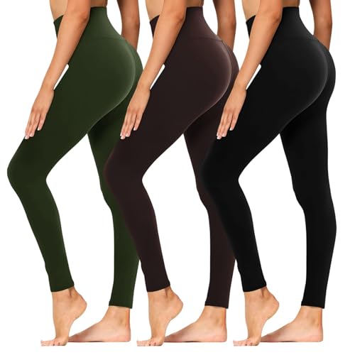 Syrinx 3-Pack High-Waisted Leggings with Pockets for Women, Tummy Control - color: 3 Pack Black, Green, Coffee, size: Small-Medium