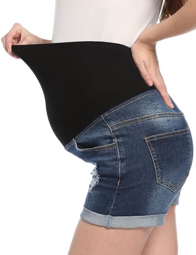 Maternity Denim Shorts High Waist - color: Dark Blue, size: Large