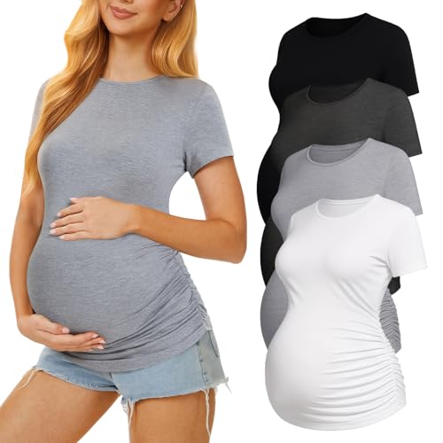 4 Pack Womens Maternity Shirts, Crew Neck Maternity Top Short Sleeve - color: Black/White/Dark Grey/Light Grey, size: Large
