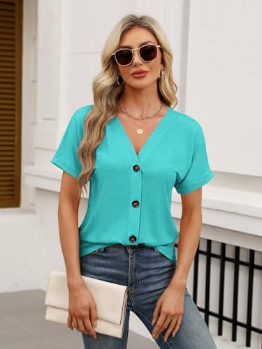 TICTICMISS Womens Summer Tops Short Sleeve Button Down V Neck T Shirts - color: Aqua, size: X-Large