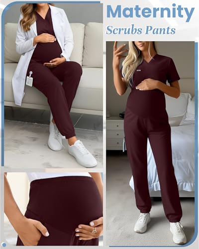 Women's Maternity Scrub Pants Pregnancy Scrub - color: Burgundy, size: Small