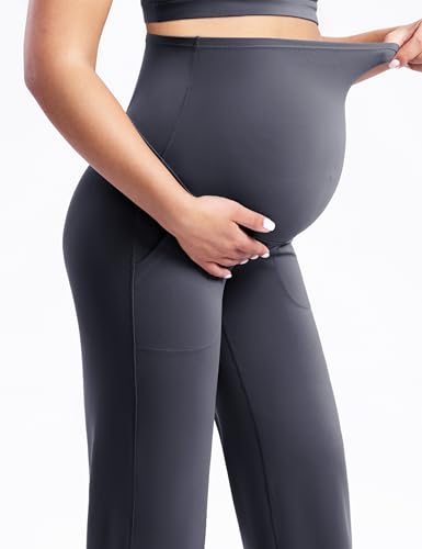 POSHDIVAH Creamluxe Maternity Wide Leg Pants Pregnancy Work Trousers - color: Charcoal Gray, size: Large