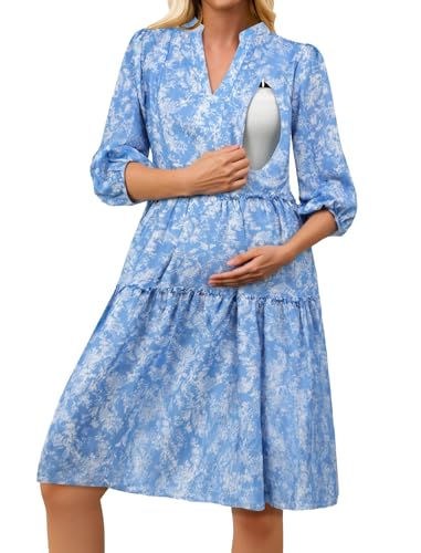Angashion Women's Maternity Nursing Dress: V-Neck Hidden Zipper Pockets - color: Blue&white Floral, size: Medium