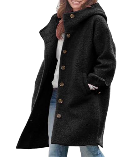 chouyatou Women's Winter Single Breasted Long Wool Coat with Hood Casual Wool Blend Trench Coat Jacket - color: Black, size: Medium