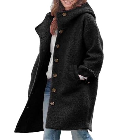 chouyatou Women's Winter Single Breasted Long Wool Coat with Hood Casual Wool Blend Trench Coat Jacket - color: Black, size: Medium