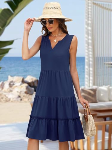 Summer Dresses for Women 2026 Flowy Casual Boho Midi Sun Dress with Pockets - color: Solid-navy, size: Medium