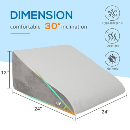 Sasttie Wedge Pillow 24x24x12 inch, Memory Foam Bed Wedge, Solid Warm Gray - color: Solid Warm Gray, size: 24x24x12 inch