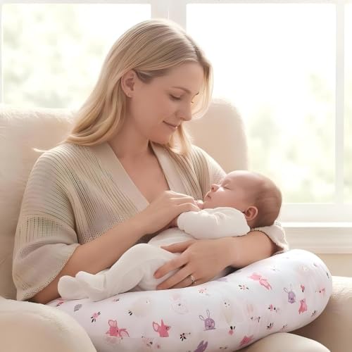 U-Shape Breastfeeding Nursing Pillow Set, 1 Insert and 2 Removable Covers - color: Pink & White Animals Party