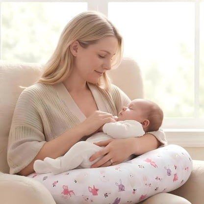 U-Shape Breastfeeding Nursing Pillow Set, 1 Insert and 2 Removable Covers - color: Pink & White Animals Party