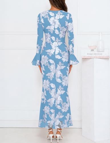 MEROKEETY Women's Floral Wedding Guest Cocktail Maxi Dress - color: Skyblue, size: X-Large