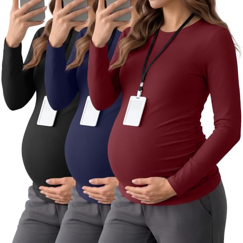 Neer 3 Pack Maternity Under Scrub T Shirt Long Sleeve Undershirt - color: Black, Navy Blue, Wine Red, size: Medium