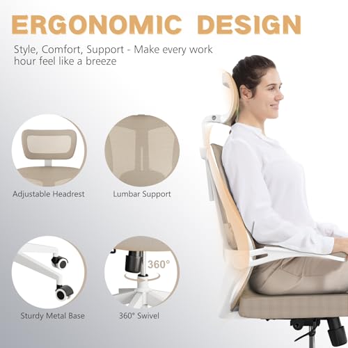 Ergonomic Office Chair - 350LB Comfy Desk Chairs with Adjustable Headrest and Lumbar Back Support, Mesh Computer Chairs with Wheels and Arms for Home Office, Study (Khaki-with Headrest) - color: Khaki