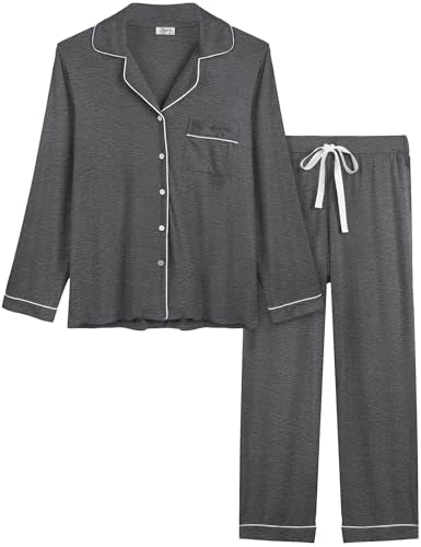 Joyaria Women's Cooling Bamboo Viscose Pajama Set Long Sleeve Button Front - color: Charcoal Gray, size: Large