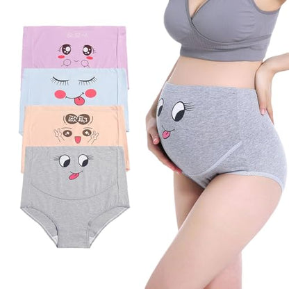 Maternity Cotton Underwear High Waist Adjustable Pregnancy Seamless Soft Hipster Panties Over Bump 4-Pack - color: Cute Cartoon(4 Pack), size: Medium