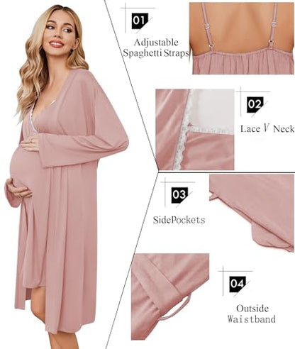 Ekouaer Nursing Nightgown and Maternity Robe Set Labor and Delivery Gown - color: Pink, size: Small