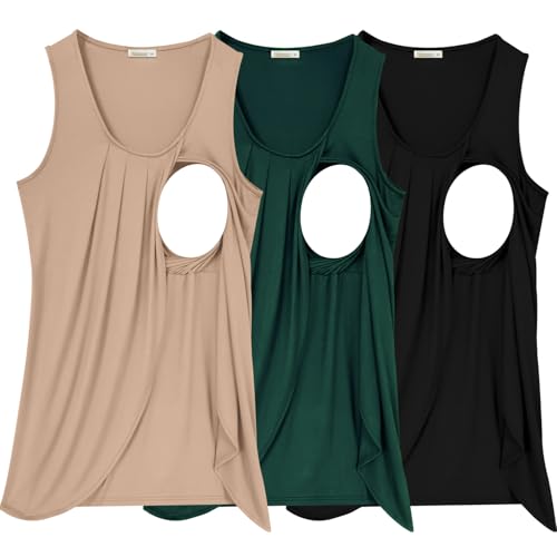 PARNIXS Summer Women's Maternity Nursing Tank Top Sleeveless Comfy Breastfeeding Clothes - color: Black/Green/Brown, size: Small