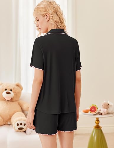 Ekouaer Button Up Pajamas for Women Set Ribbed Knit Pjs 2 Piece Lounge Set - color: Black, size: X-Small