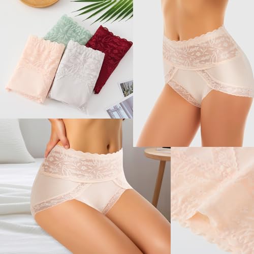 Womens High Waist Underwear Nylon Lace Panties Soft Breathable Ladies Hipster Panty Full Coverage Briefs 4 Pack