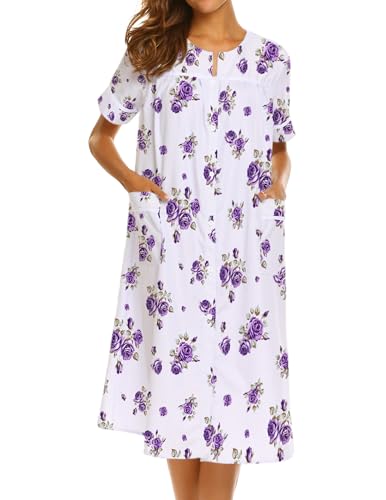 Ekouaer House Dress for Women with Pockets Duster Button Down Nightgown - color: White Flower, size: XX-Large