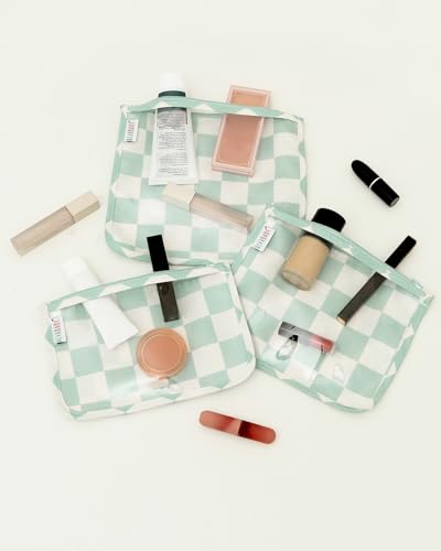 ALVA 3pcs Mess-Proof Travel Pouches,TSA Approved Toiletry Bag,Makeup Bag - color: Green grid