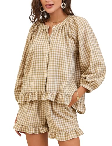 Flygo Womens Gingham 2 Piece Pajama Sets Y2K Cotton Ruffle Short Sets - color: Brown, size: Small