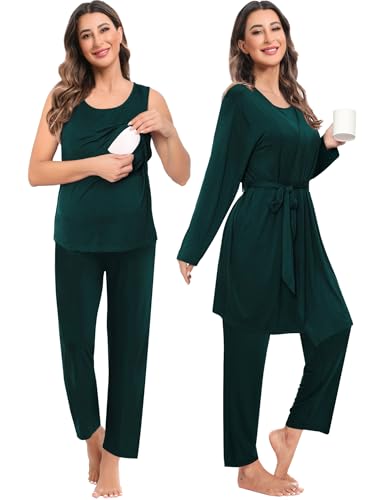 SWOMOG Maternity Nursing Robe Set 3 PCS Women Postpartum Pajamas Breastfeeding Labor Delivery Hospital Pregnancy Pjs - color: Emerald Green, size: Medium