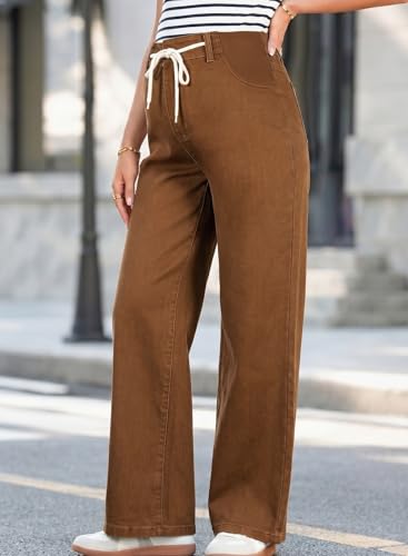BLENCOT Maternity Jeans High Waisted Drawstring Straight Leg Denim Pants - color: Brown, size: Medium