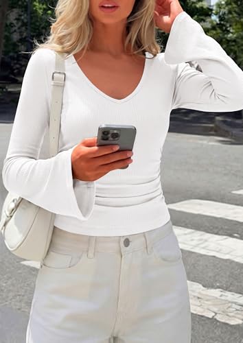 PRETTYGARDEN Womens Fall Cute Tops Bell Long Sleeve Shirts - color: White, size: Large