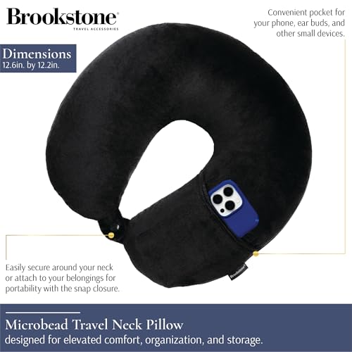 Brookstone Microbead Neck Pillow Soft Travel Pillow with Phone Pocket - color: Black