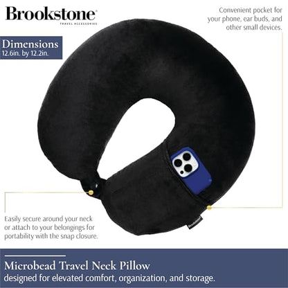 Brookstone Microbead Neck Pillow Soft Travel Pillow with Phone Pocket - color: Black