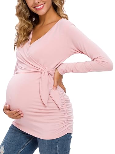 Glampunch Maternity Shirts Short & Long Sleeve Wrap Maternity Tops - color: 06-dark Pink, size: Medium