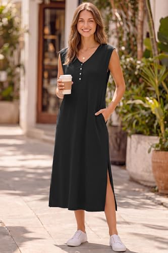 OUGES Women's Anti-Wrinkle Airy Layer Summer Maternity Dress V Neck Split Midi Nursing Dresses with Pockets 2026 - color: Black, size: Large