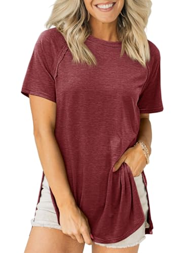 Cicy Bell Womens Short Sleeve Tunic Tops Crew Neck Side Split T Shirts - color: Wine Red, size: Small