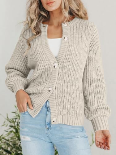 PRETTYGARDEN Women's Chunky Knit Button Up Cardigan Sweaters Outerwear - color: Beige, size: Large